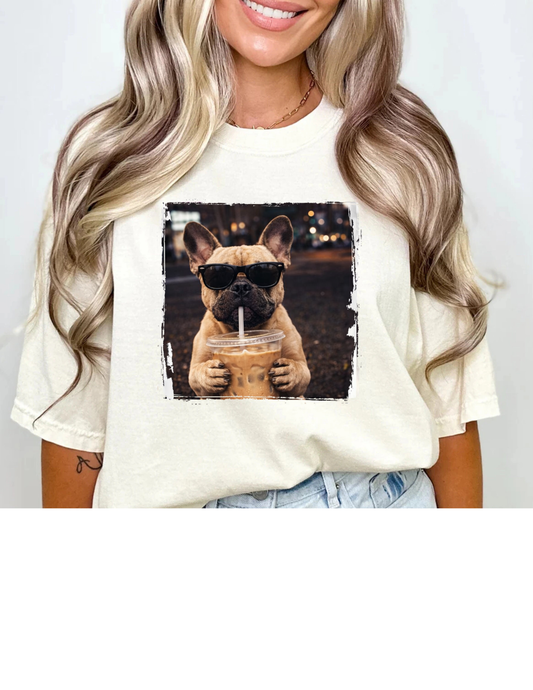 Frenchie with coffee DTF Transfer
