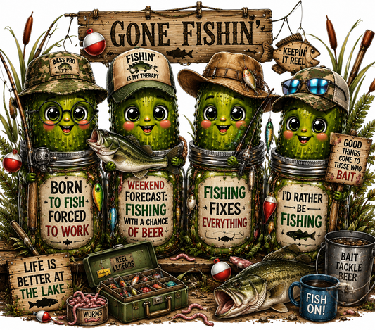 Gone Fishin Theme Pickles DTF Transfers