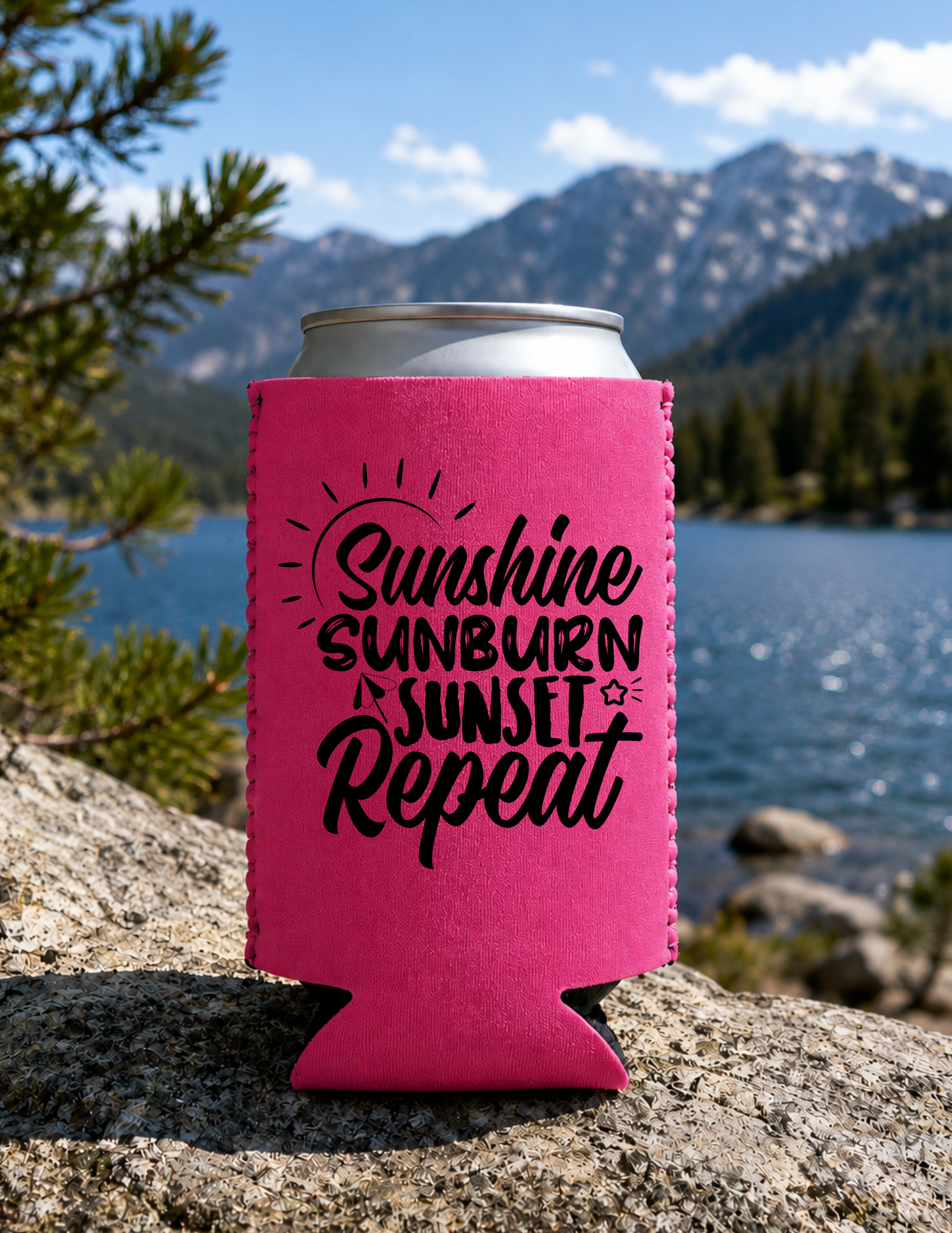 Sunshine Sunburn Sunset Repeat DTF Koozies