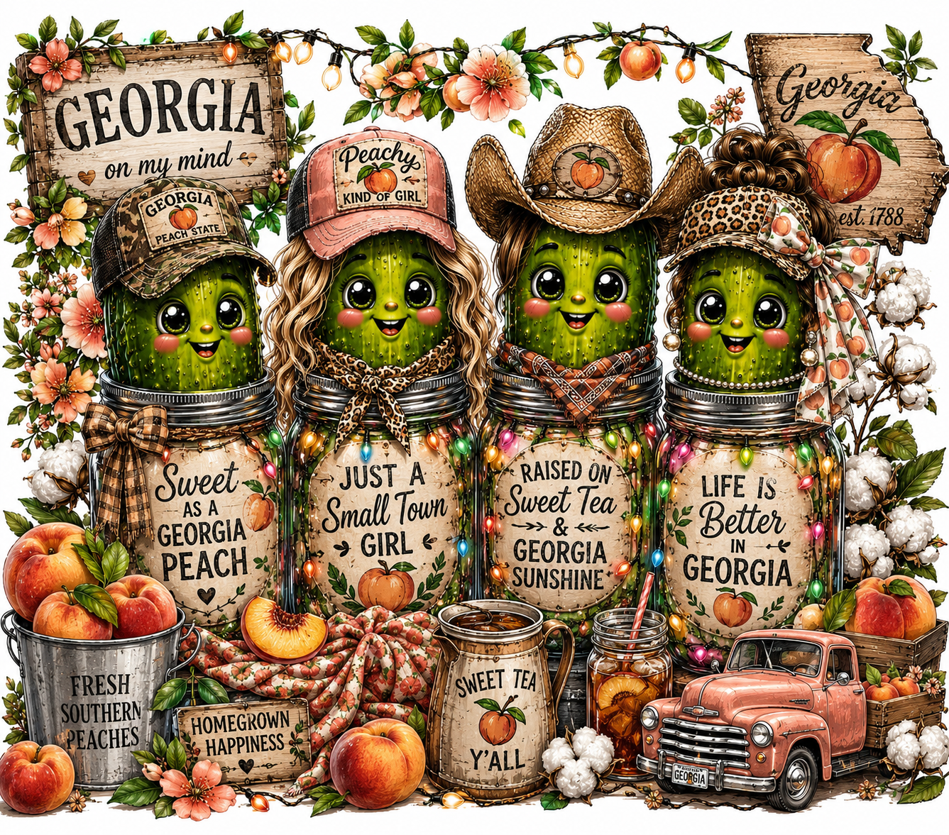 Georgia Peach Theme Pickles DTF Transfers