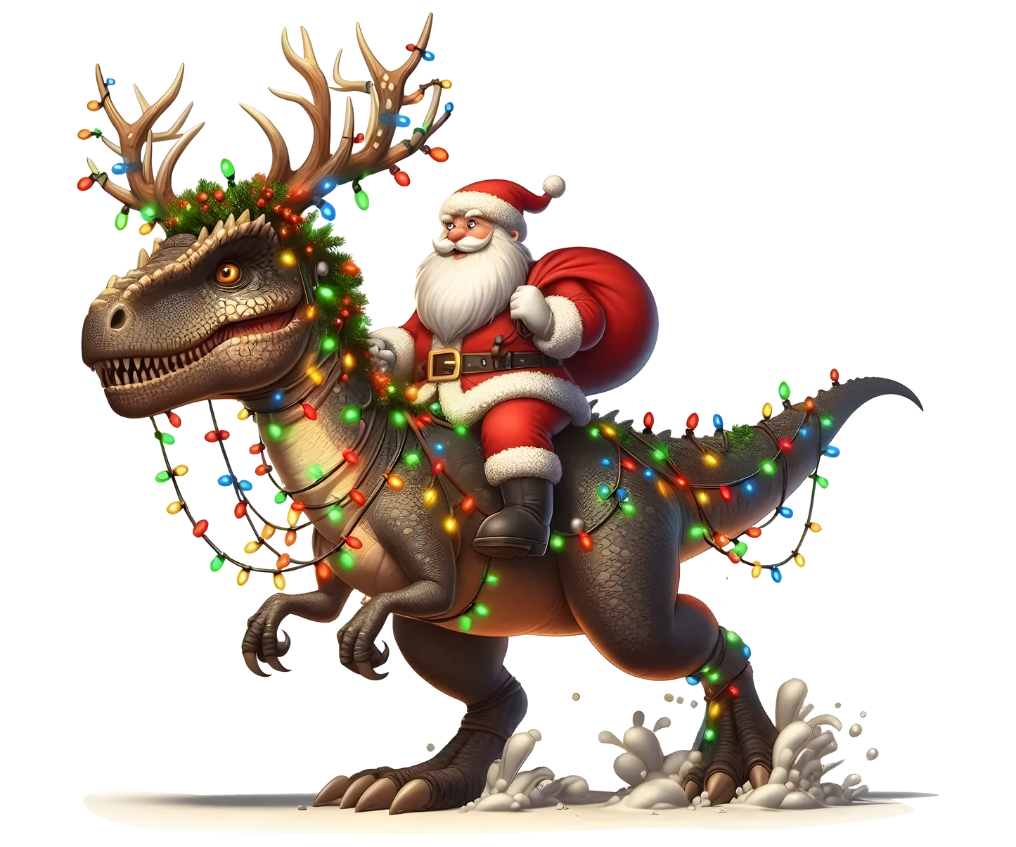 Santa riding a Dino DTF Transfer