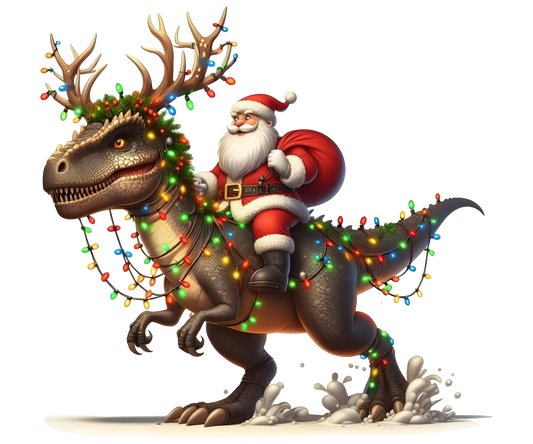 Santa riding a Dino DTF Transfer