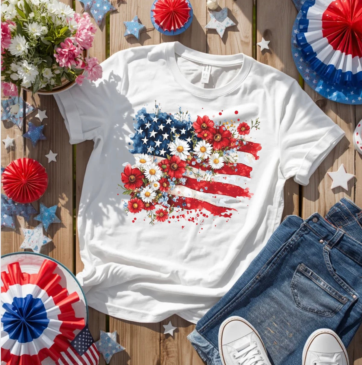 American Flag with flowers DTF Transfers
